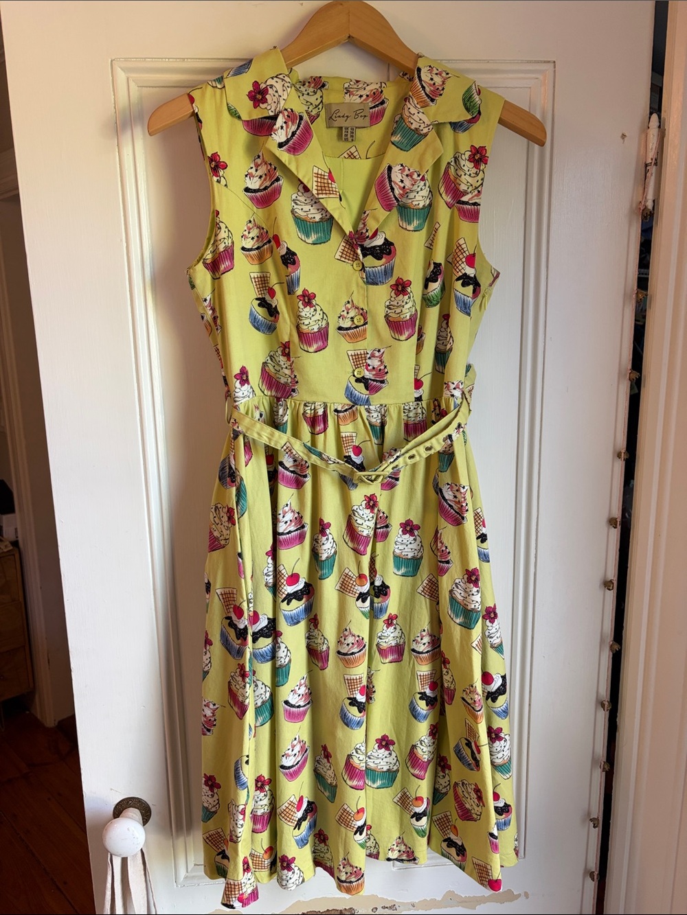 Cool Cupcake Illustration Print on Lime Sleeveless dress